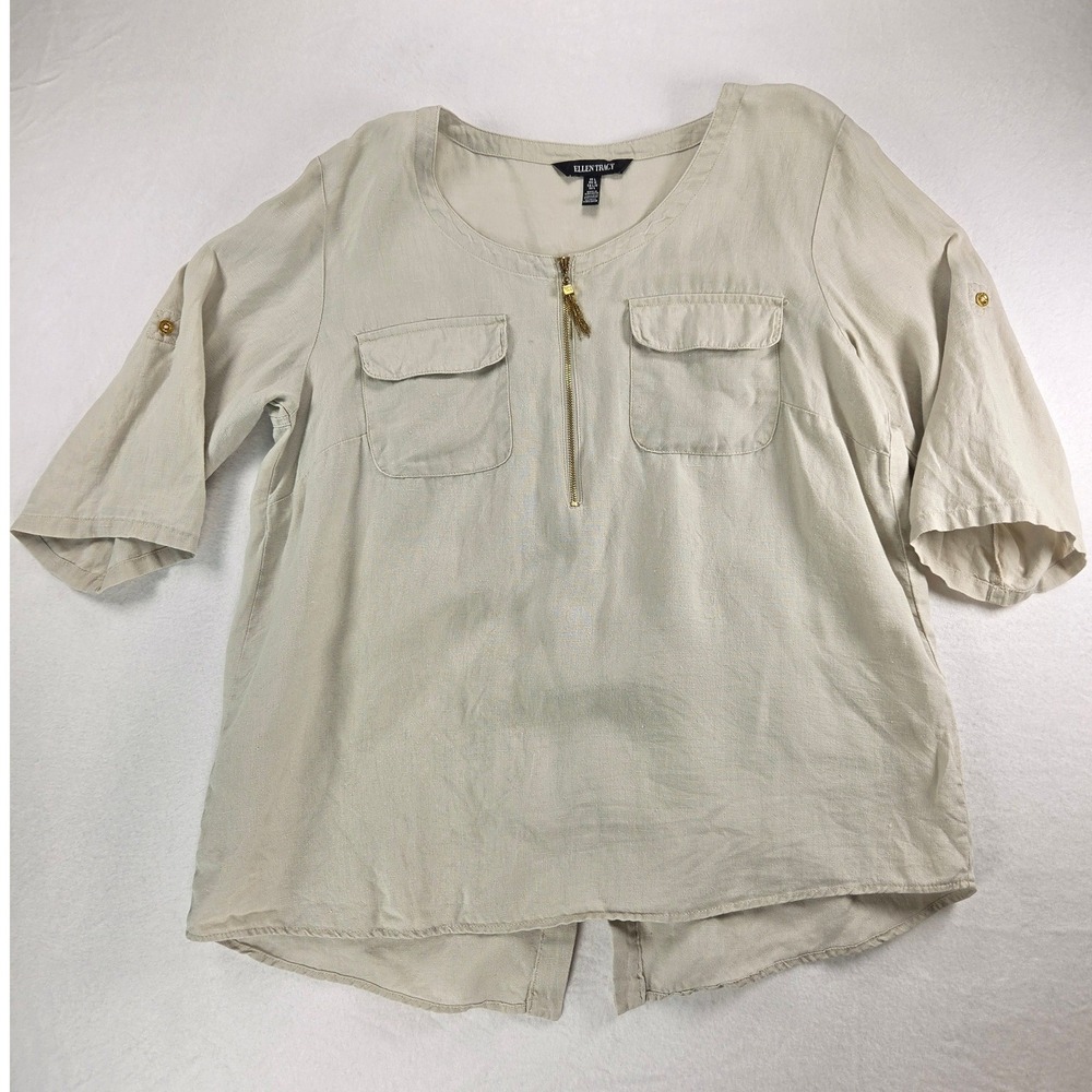 Ellen Tracy 100% Linen Blouse Round Neck half Zip Gold Tassel Roll Sleeve Sz L